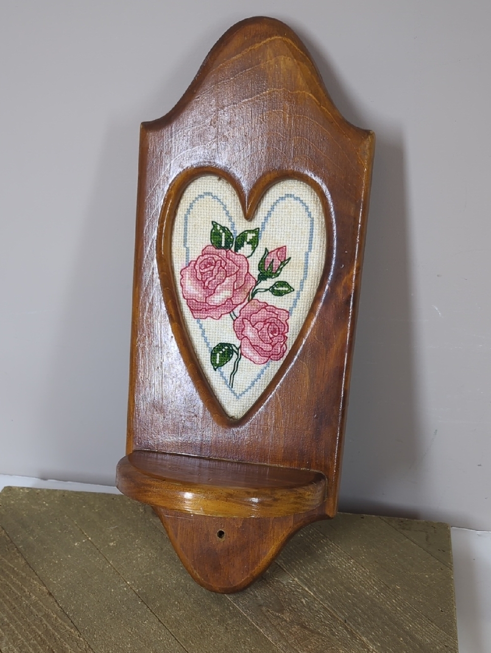 Handcrafted Wooden Heart Wall Shelf with Pink Rose Embroidery